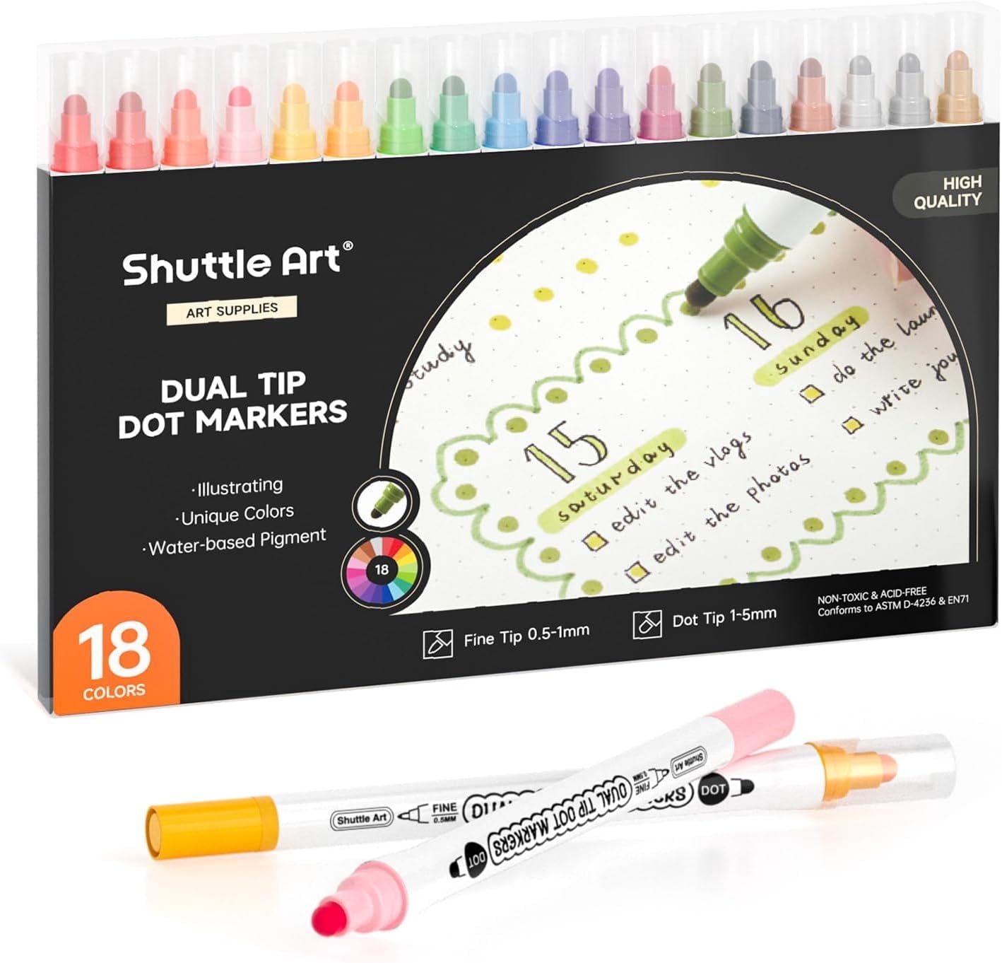 Shuttle Art Odorless Dual Tip Dot Markers Set of 18 Fine Point