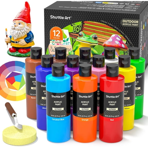 Shuttle Art Outdoor Acrylic Paint Set, 12 Colors Waterproof Paint, 8.45oz/250ml Large Bottles, Rich Pigmented Bulk Painting Supplies on Rocks, Wood, Wall, Crafts, Garden Statues