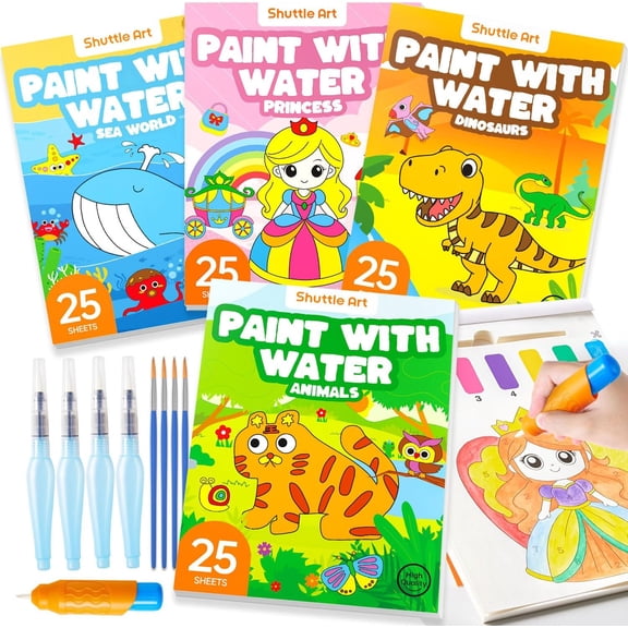 Shuttle Art Paint with Water Coloring Book, Pack of 4, 100 Sheets Watercolor Paint Set for Ages 3-5, 4-8, Mess Free Travel Art Supplies, Birthday Christmas Craft Gift