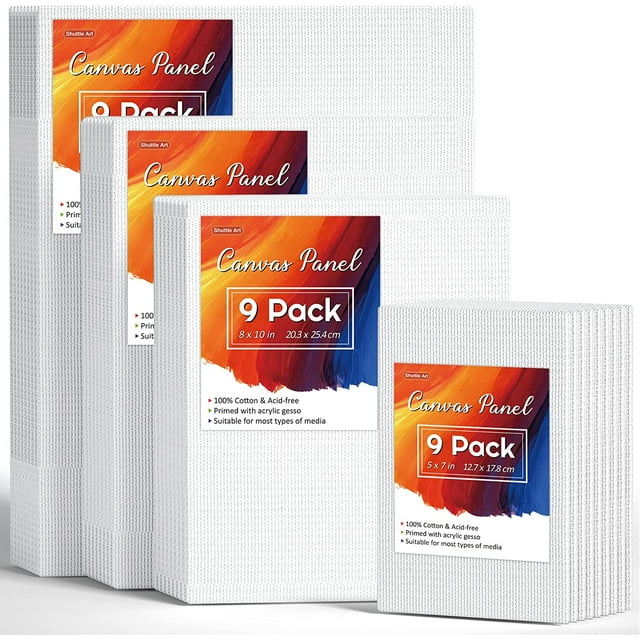 Shuttle Art Painting Canvas Panel, 36 Multi Pack, 5x7, 8x10, 9x12, 11x14 inch (9 PCS of Each), 100% Cotton Art Canvas Board White, Blank Canvas for Kids Adults for Acrylic Oil Painting