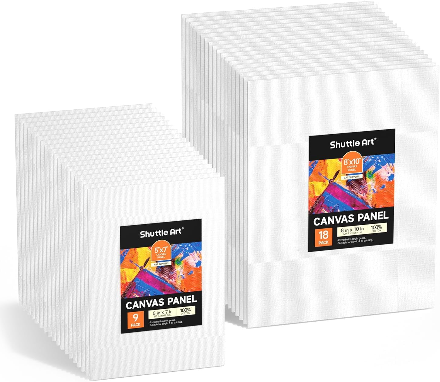 Shuttle Art Painting Canvas Panels, 36 Pack, 5x7, 8x10in (18 of Each), 100% Cotton, Primed White Canvas Boards for Painting, Blank Canvases for Kids, Adults, Artists for Acrylic and Oil Painting