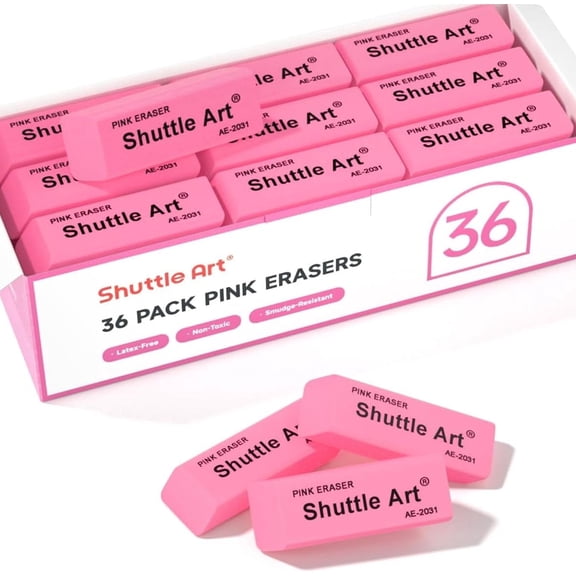 Pink Erasers, Shuttle Art 36 Pack Pink Erasers Bulk for Office, Latex-Free Soft Erasers as Office Supplies