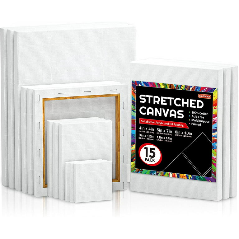 Shuttle Art Stretched Canvas, 15 Multi Pack, 4x4, 5 x 7, 8 x 10, 9x12, 11 x  14 Inches (3 of Each), 100% Cotton, Primed White Painting Canvas, Art