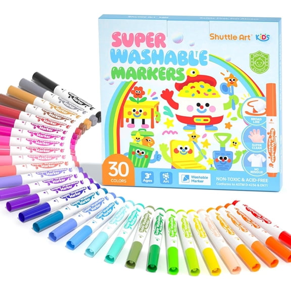 Shuttle Art Super Washable Markers, 30 Colors Broad Line Conical Tip Markers, Ultra Clean Coloring Book Marker Set