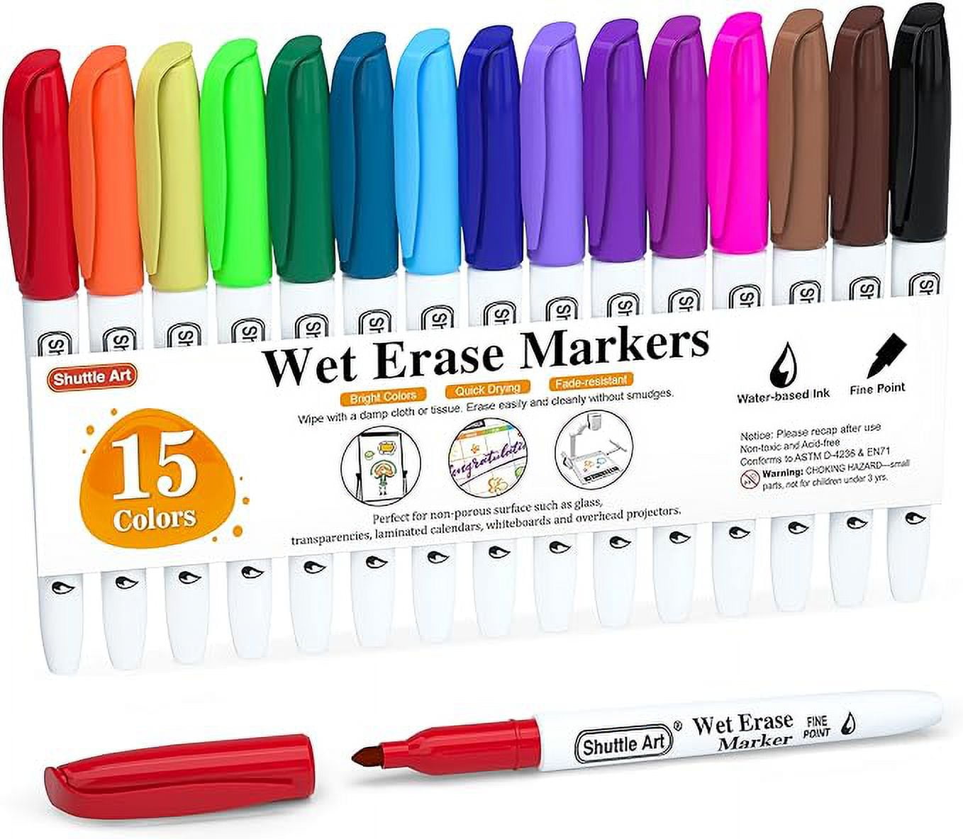 Shuttle Art Wet Erase Markers, 15 Colors 1mm Fine Tip SmudgeFree