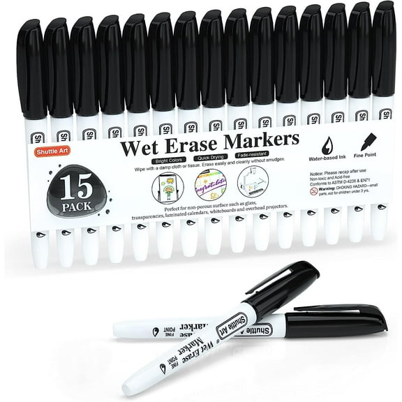 Shuttle Art Wet Erase Markers, 15 Pack Black 1mm Fine Tip Smudge-Free Markers, Use on Laminated Calendars,Overhead Projectors,Schedules,Whiteboards,Transparencies,Glass,Wipe with Water