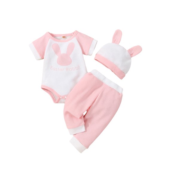 Shuttle tree 3Pcs Baby Set Rabbit Print Round Neck Short Sleeve Romper Contrast Color Long Pant Hat