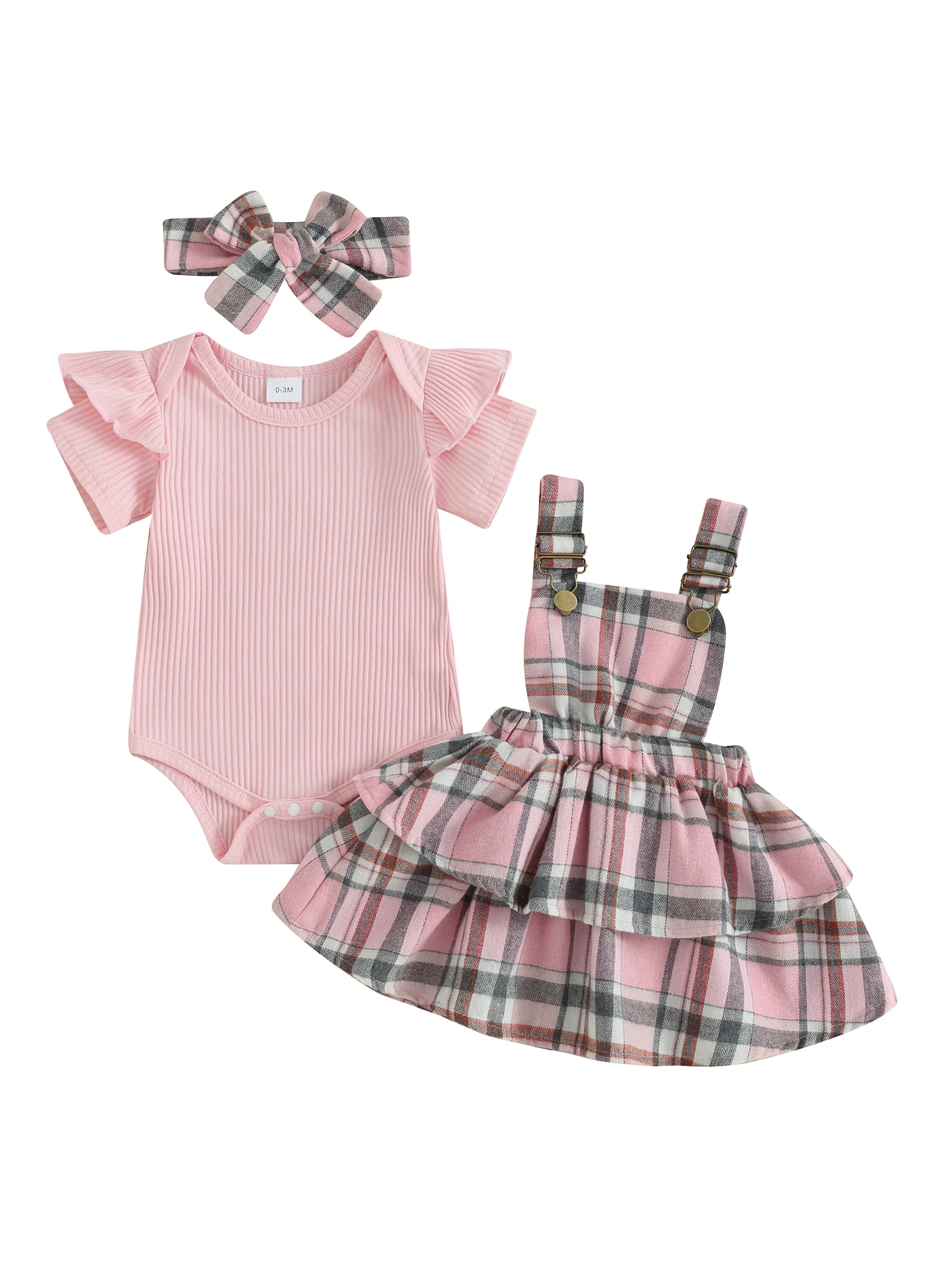 Newborn Baby Girl Fall Winter Outfit Set - Ruffle Romper, Plaid Skirt & Headband 3-Piece