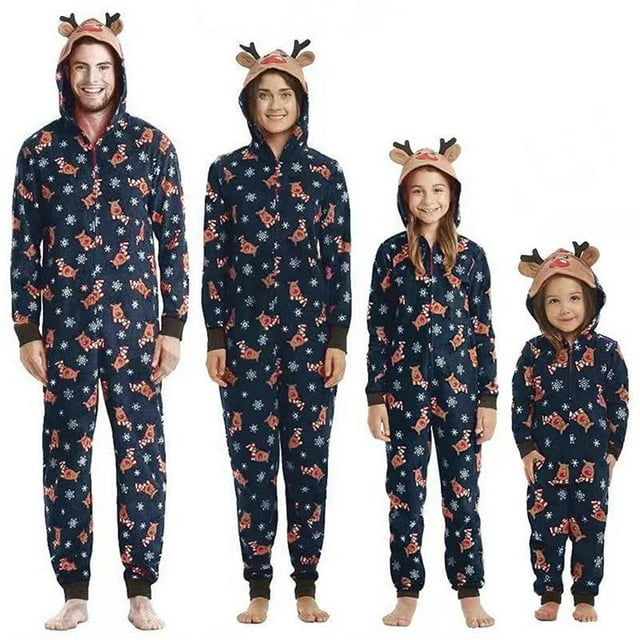 Shuttle tree Family Christmas Matching Pajamas Cartoon Deer Hooded Onesies Xmas One-Pieces Sleepwear Adult Kids Baby