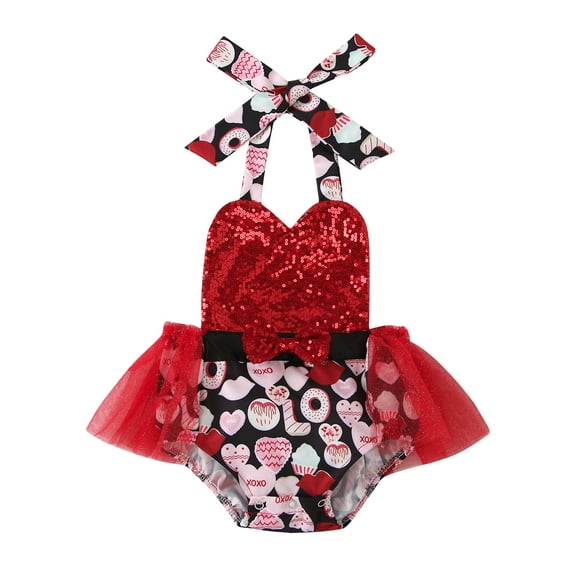 Shuttle tree Infant Baby Girl Valentine's Day Halter Romper Tutu Dress Love Heart Bodysuit 3-24M