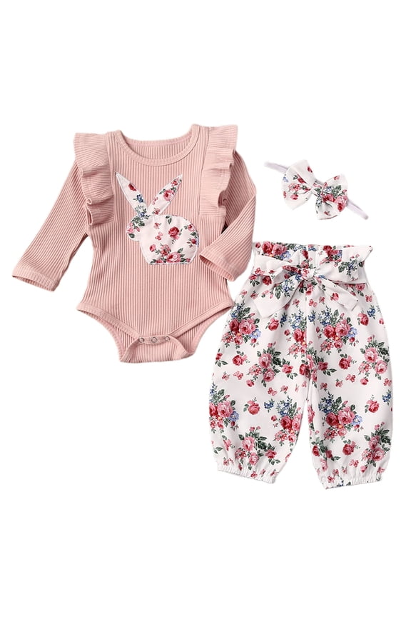 Newborn Baby Girl My 1st Easter Outfits Bunny Romper Bodysuit Floral Pants Headband