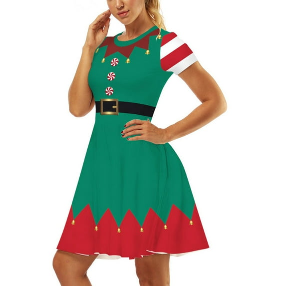 Shuttle tree Print Women Christmas Dress Short Sleeve High Waist Vintage Xmas Party Sundress