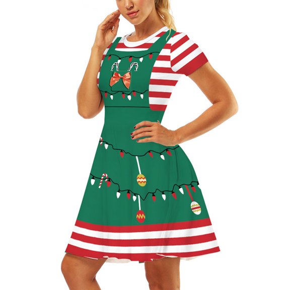 Shuttle tree Print Women Christmas Dress Short Sleeve High Waist Vintage Xmas Party Sundress