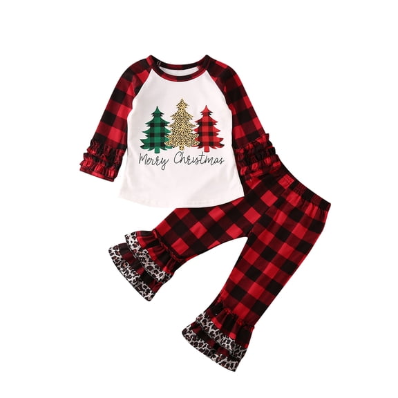 Shuttle tree Toddler Baby Girls Christmas Outfits Christmas tree Shirt +Plaid Ruched Ruffle Pants Fall Outfit