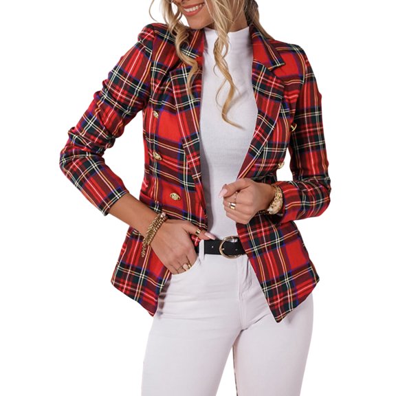 Shuttle tree Women Casual Slim Fit Blazer Long Sleeve Plaid Suit Double Breasted Business Jacket Lapel Coat