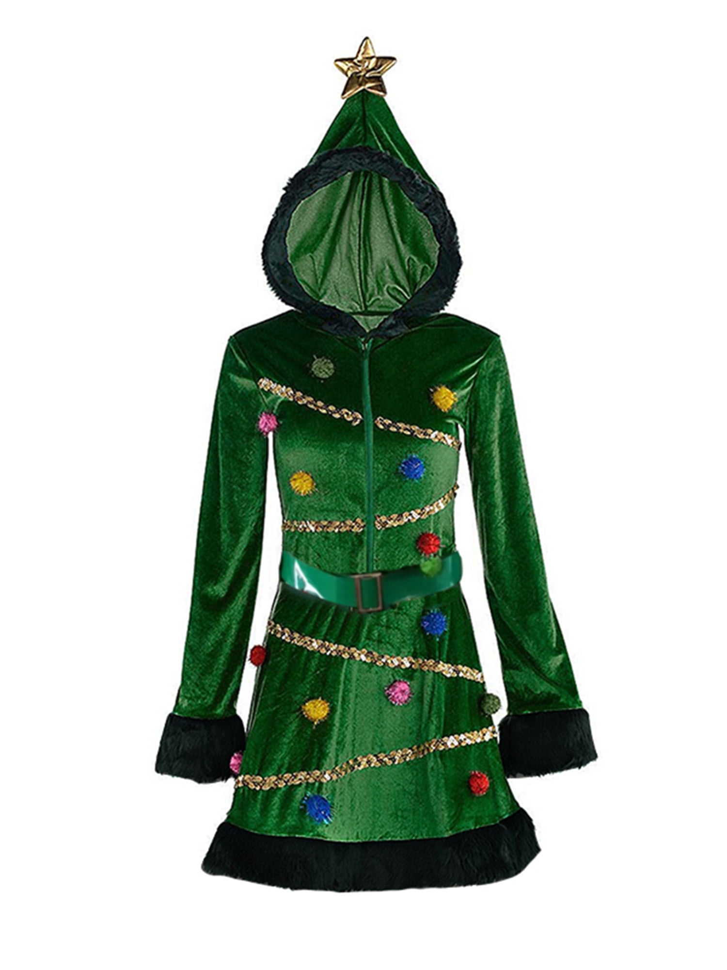 Shuttle tree Women Christmas Tree Dress Hooded Green Velvet Sequin