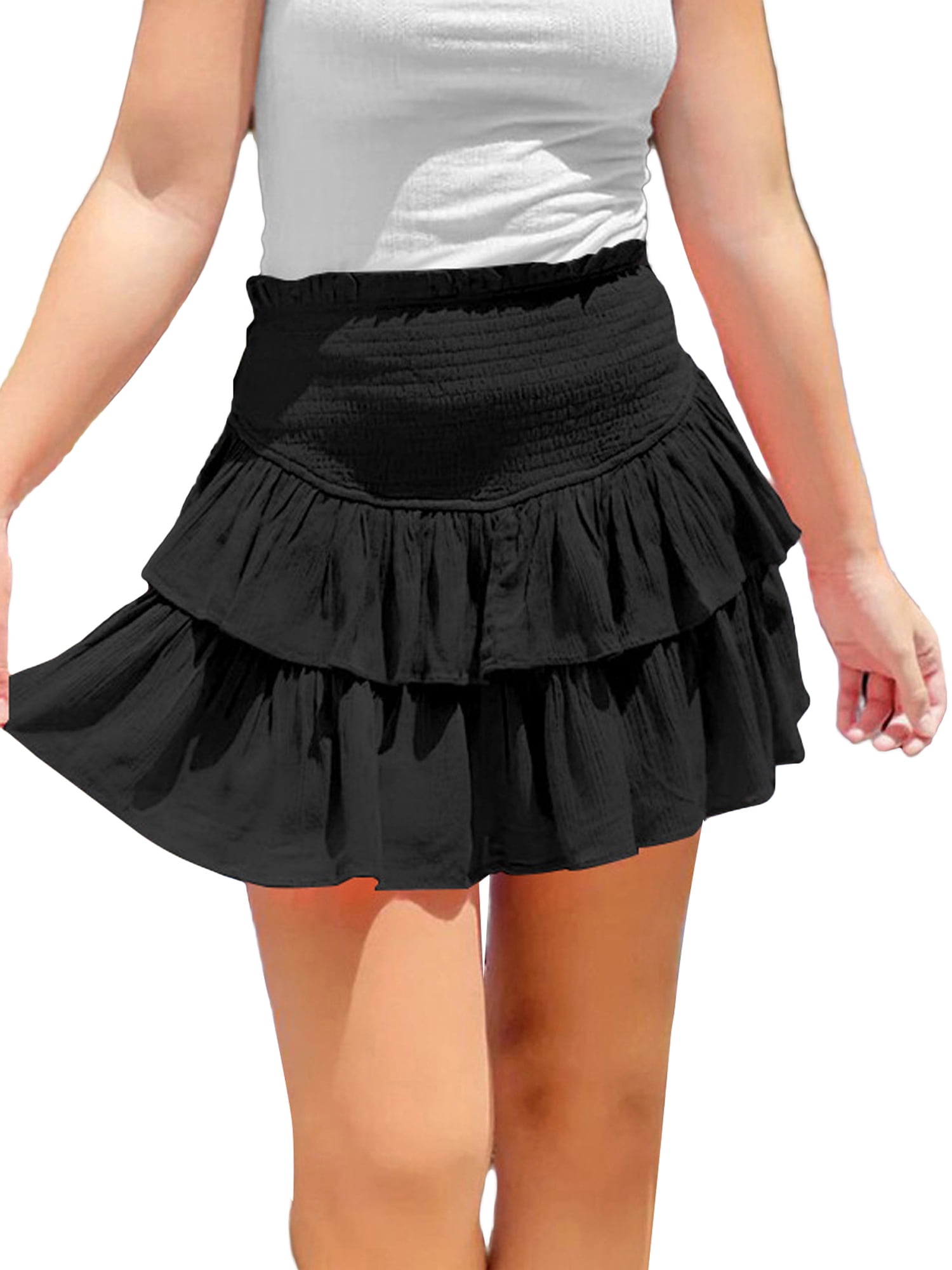Shuttle tree Women Smocked Ruffle Mini Skirts Summer High Waisted Tiered Short Skirt with Shorts Underneath Walmart
