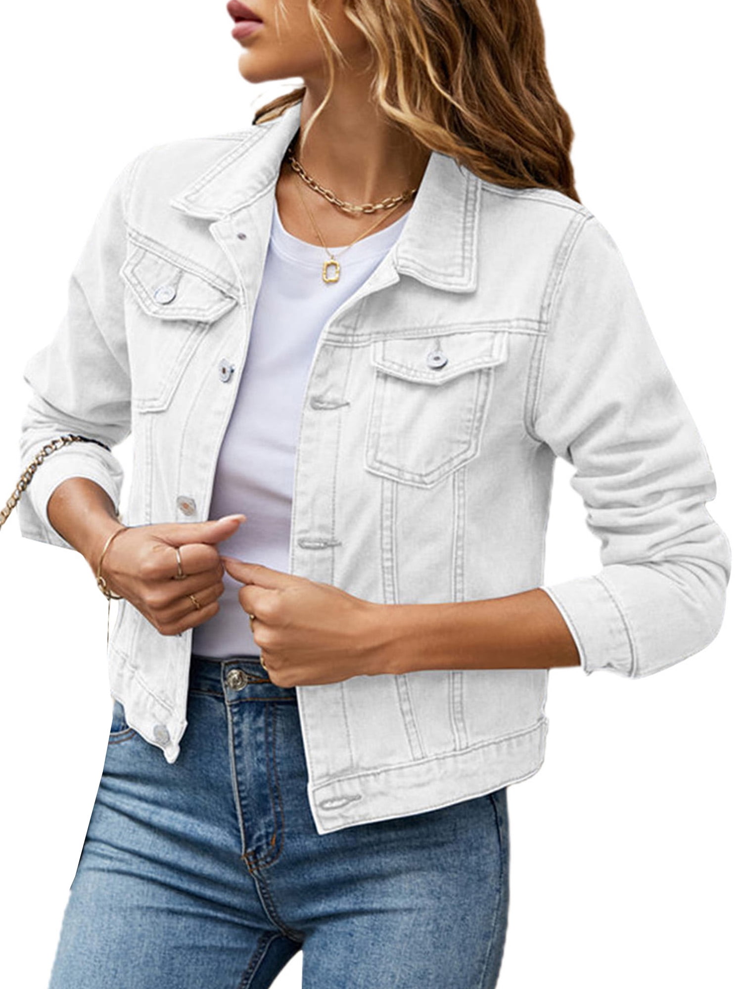 ジャケット・アウター stretch denim long sleeve jacket Long Sleeve Button Front Cinched Waist Jacket In Blue Denim