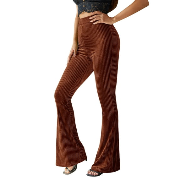 Shuttle tree Women's Velvet Elastic Waist Flare Pants Wide Leg Palazzo Long Trousers Bell Bottoms
