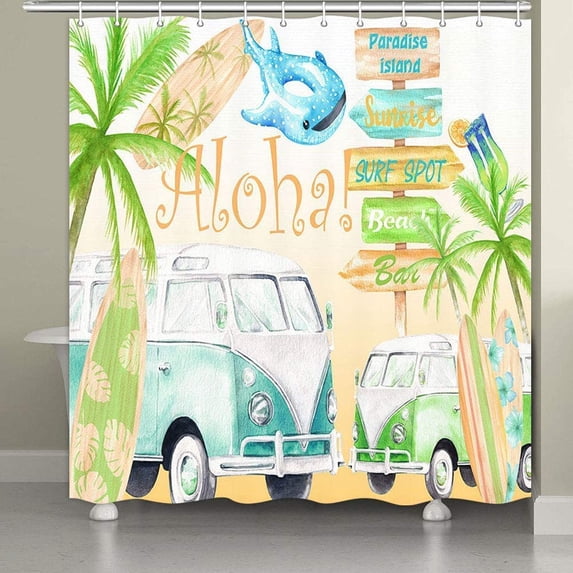 Shwoer Curtain Summer Beach Hello Summer Vacation Surfing Retro Car Green Palm Tree Fabric Showercurtain with Hooks Shower Curtains 71x71inch