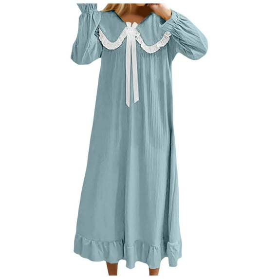 Shwomsmer Long Satin Nightgowns With Long Sleeves For Women With Bow Lace Trim Wrist Neck Vintage Style For Knee Rest Home Sleepwea Long plus