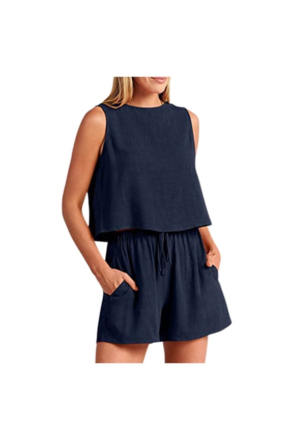 Spring Summer Women's Casual Sleeveless Solid Color High Waist Loose Shorts Two Piece Set Cover up Dress