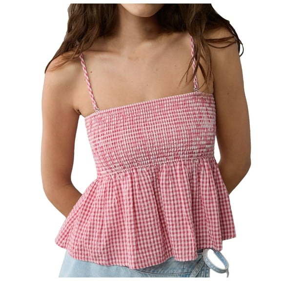 Shwomsmer Tank Tops for WomenWomen's Summer Plaid Tank Tops Spaghetti Strap Square Neck Flowy Ruffle Hem Gingham Shirt Top Active Crop Tops Women