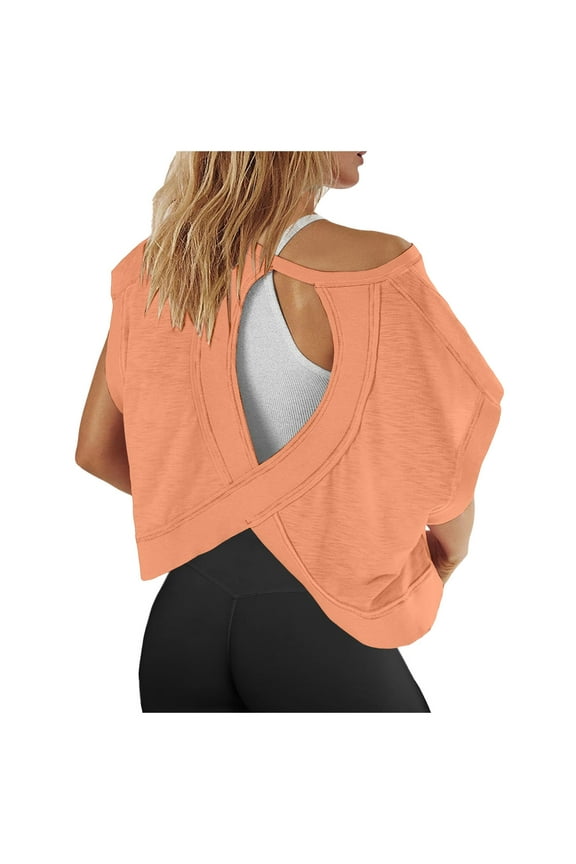 Tee Shirts Womens Women Short Sleeve Workout Shirts Open Back Tops Casual Yoga Athletic Gym Slouchy Crop Running Tees