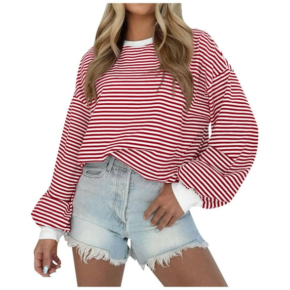 Shwomsmer Trendy Women's Striped Color Block Long Sleeve Crew Neck Pullover T Shirt Junior Zip Hoodie