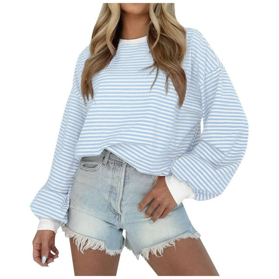 Shwomsmer Trendy Women's Striped Color Block Long Sleeve Crew Neck Pullover T Shirt Junior Zip Hoodie