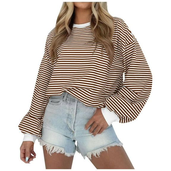 Shwomsmer Trendy Women's Striped Color Block Long Sleeve Crew Neck Pullover T Shirt Junior Zip Hoodie