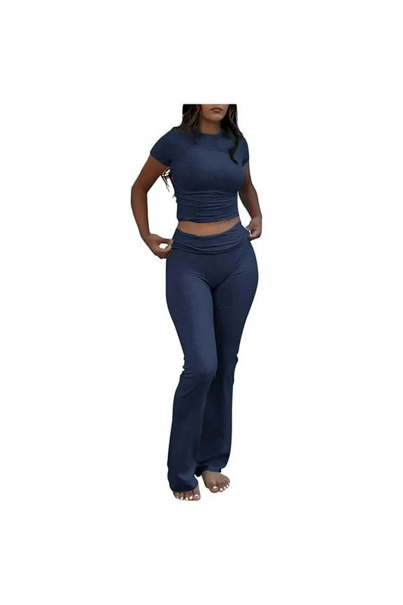 Women's 2 Piece Outfits Slim Short Sleeve Tops Low Rise Flare Leggings Sets Yoga Sweatsuit Yoga Tights Set