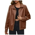thumbnail image 1 of Shwomsmer Women's Solid Zipper Turn Down Neck Suit Jacket PU Leather Jacket Coat Coat for Women Petite, 1 of 7