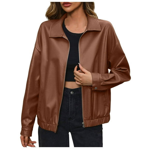 Shwomsmer Women's Solid Zipper Turn Down Neck Suit Jacket PU Leather Jacket Coat Coat for Women Petite