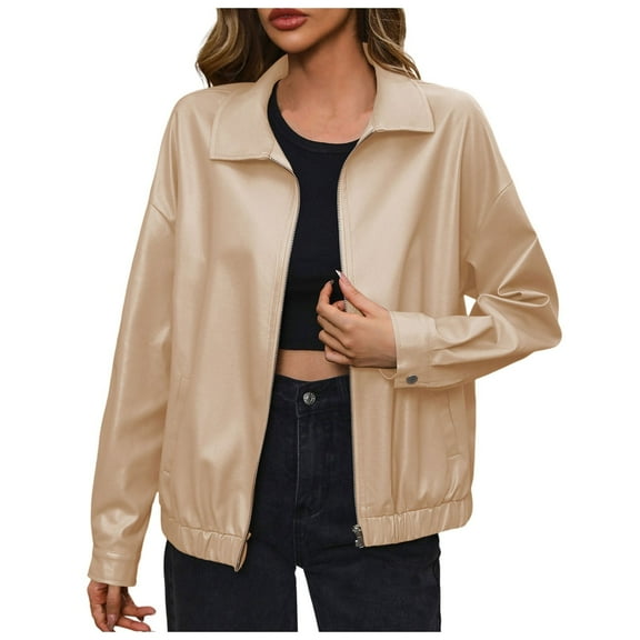 Shwomsmer Women's Solid Zipper Turn Down Neck Suit Jacket PU Leather Jacket Coat Coat for Women Petite