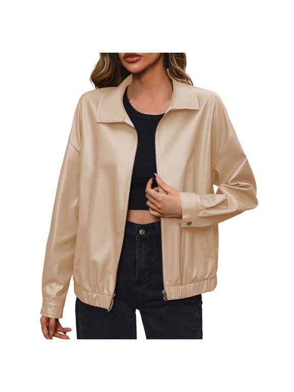 Women's Solid Zipper Turn Down Neck Suit Jacket PU Leather Jacket Coat Coat for Women Petite
