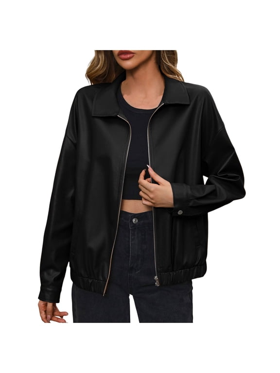 Women's Solid Zipper Turn Down Neck Suit Jacket PU Leather Jacket Coat Coat for Women Petite