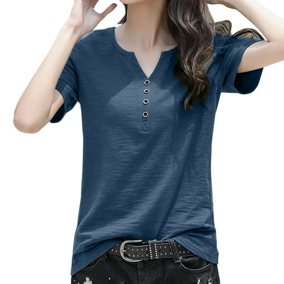 Shwomsmer Womens Summer Tops Women Button Casual Daily Shirts V Neck Short Sleeve T Shirt Tee Tops Tunic Slim Blouse Shirts for Women Long Sleeve