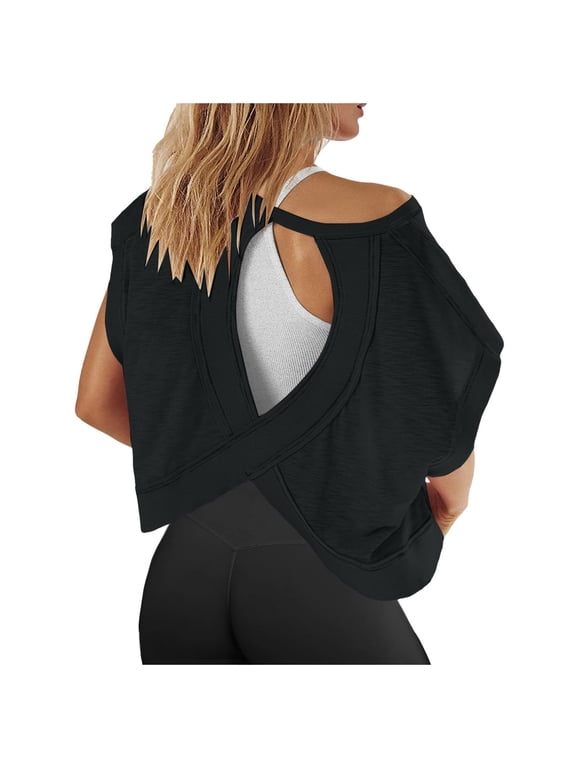 Tee Shirts Womens Women Short Sleeve Workout Shirts Open Back Tops Casual Yoga Athletic Gym Slouchy Crop Running Tees