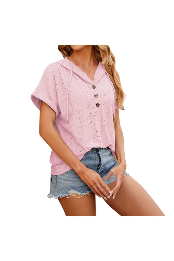 Womens Summer Tops Women's Casual Summer Hoodies Short Sleeve Drawstring Hoodies Tops Button Front V Neck Pullover T Shirts Tops Womens Short Sleeve Athletic Tops