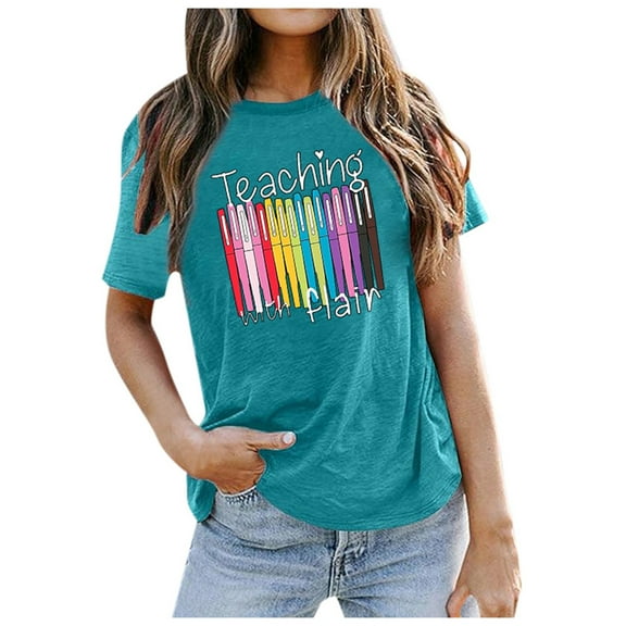 Shwomsmer Womens Summer Tops Women's Casual Teacher School Letter Printing Crew Neck Short Sleeve T Shirt Top Womens Long Sleeve Tees