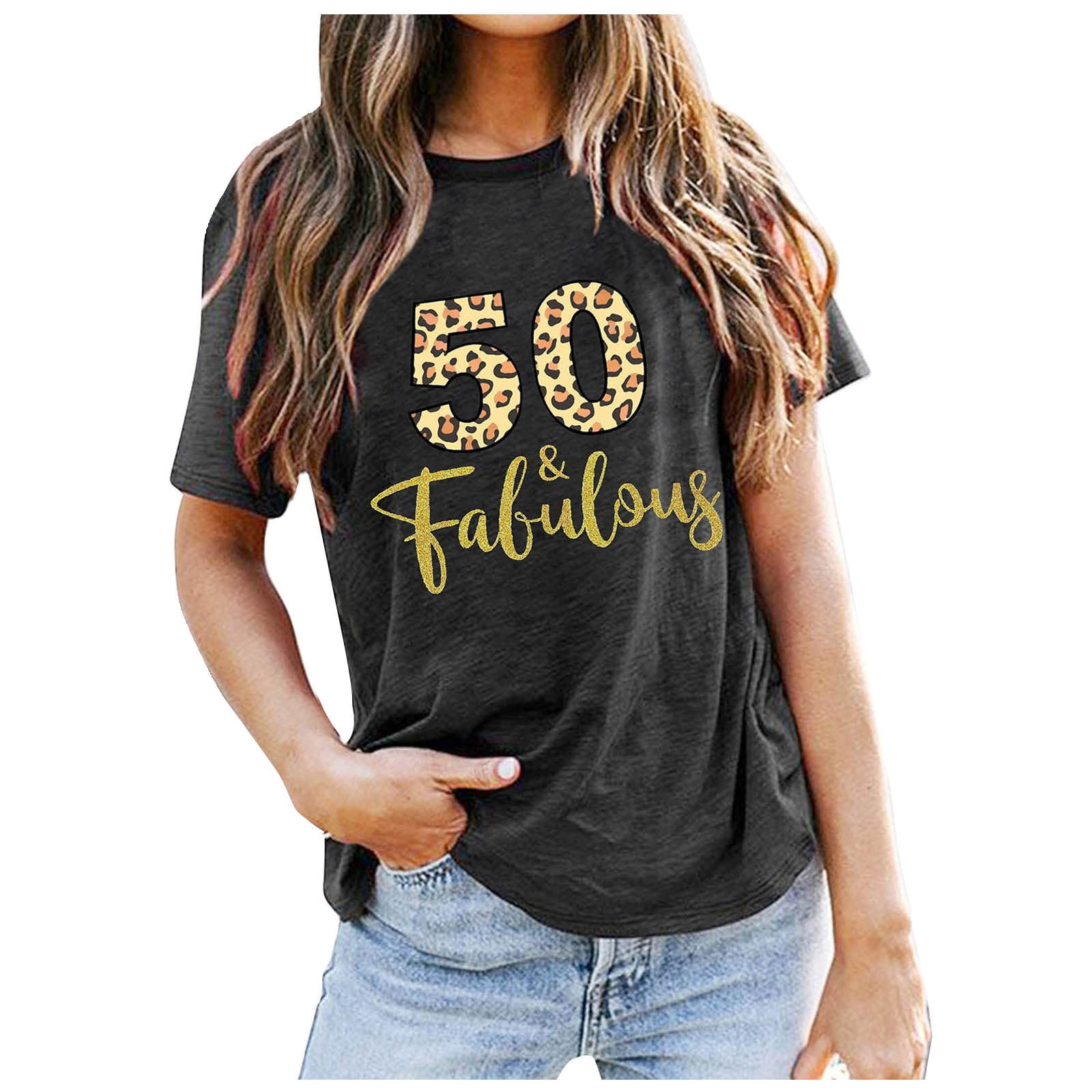 Hello Fifty Funny 50th Birthday T-Shirt For Women - Casual Short Sleeve Blouse With Cute Graphic, Grey