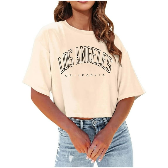 Shwomsmer Womens T Shirts Summer Womens Casual Short Sleeve Crewneck T Shirts Lightweight Soft Casual Letter Print Tops Clothes 05 Loose Fit Women