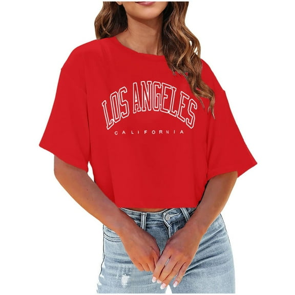 Shwomsmer Womens T Shirts Summer Womens Casual Short Sleeve Crewneck T Shirts Lightweight Soft Casual Letter Print Tops Clothes 05 Loose Fit Women