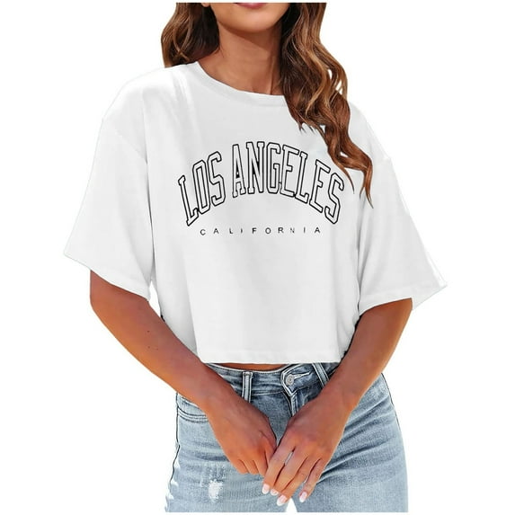 Shwomsmer Womens T Shirts Summer Womens Casual Short Sleeve Crewneck T Shirts Lightweight Soft Casual Letter Print Tops Clothes 05 Loose Fit Women