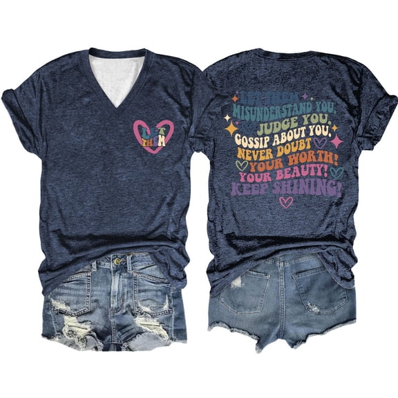 Shwomsmer Womens T Shirts Women Summer Let Them Misunderstand You Letter Double Printed V Neck T Shirt Womens Loose Fit Tops