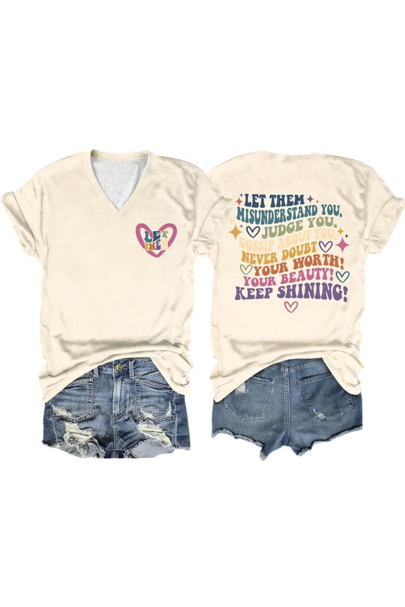 Womens T Shirts Women Summer Let Them Misunderstand You Letter Double Printed V Neck T Shirt Womens Loose Fit Tops