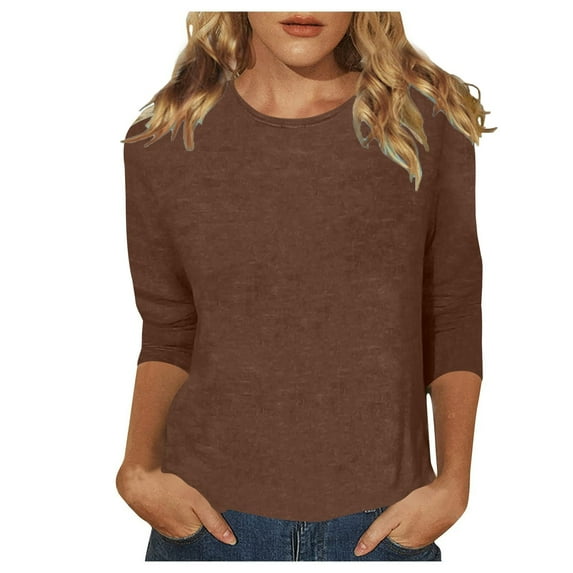 Shwomsmer Womens T Shirts Women's Casual Solid Color 3/4 Sleeve Crew Neck T Shirt Comfortable Everyday Top For Relaxed Fit Plain Solid Shirts Women