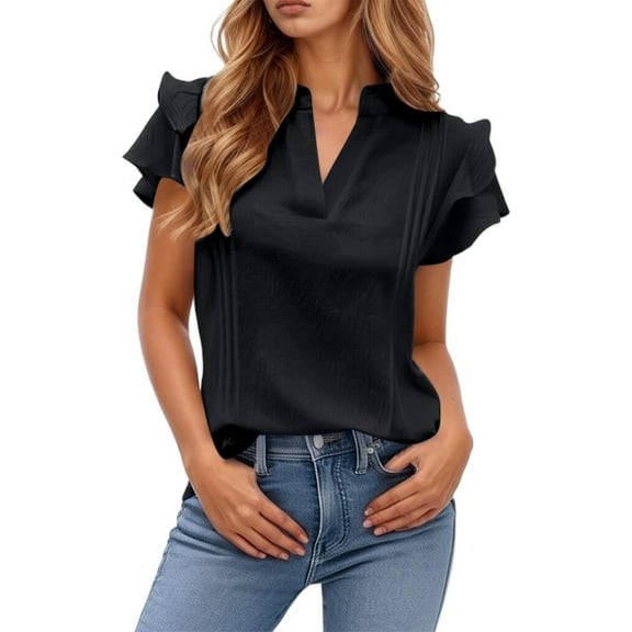 Shwomsmer Womens T Shirts Women's V Neck Casual Double Layer Ruffled Sleeve Solid Top Ladies Shirt Long Sleeve