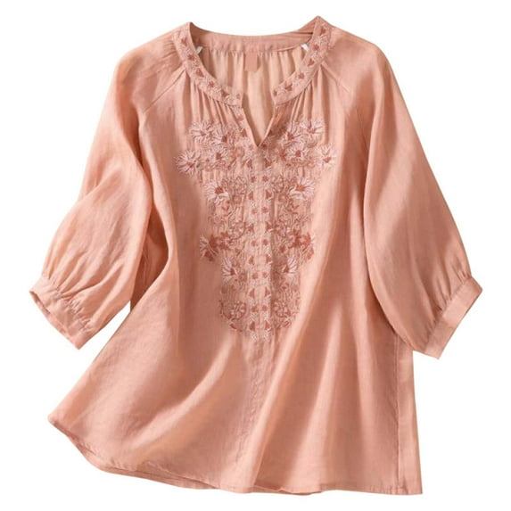 Shwomsmer Womens T Shirts Women's Vintage Linen Embroidered Shirt V Neck Simplicity Solid Color ¾ Sleeve Top Womens Compression T Shirt